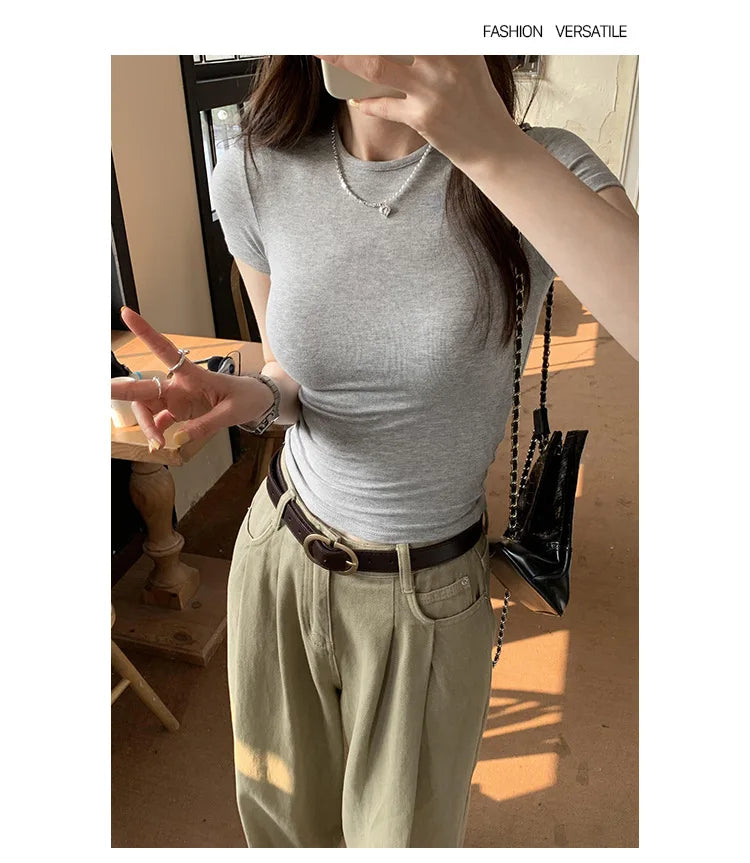 Basic Solid Crop Top Short Sleeve Crewneck Skinny T-shirt Summer Casual Tee for Women Y2K Vintage Top Harajuku Streetwear