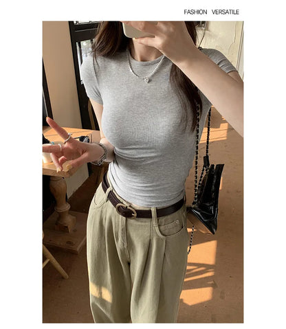 Basic Solid Crop Top Short Sleeve Crewneck Skinny T-shirt Summer Casual Tee for Women Y2K Vintage Top Harajuku Streetwear