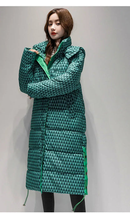 2023 Winter Warm  Plaid Long  Coat Women ' s Fashion Thicken Hooded Puffer Jacket Female Windproof Warm Outwear