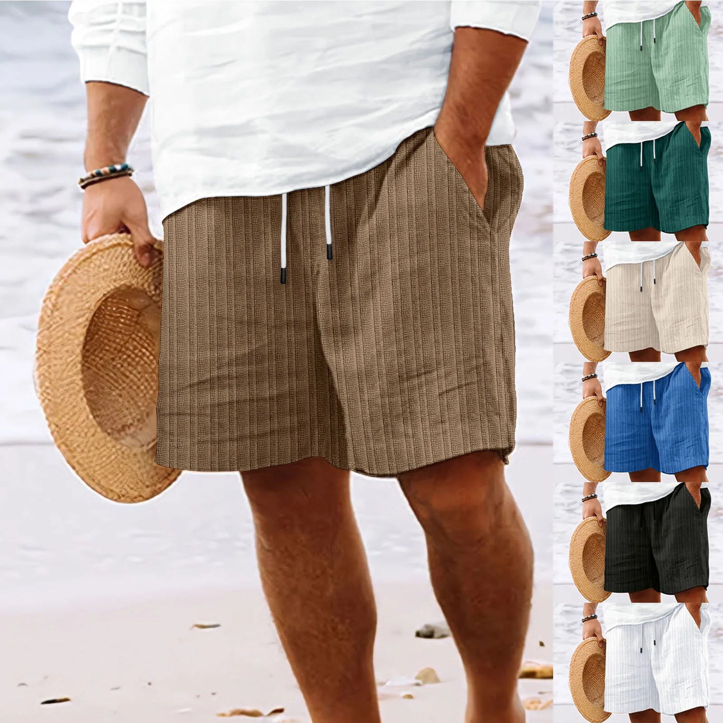 Summer New fashion Men's Hawaiian Beach style solid color striped multi-pocket tethered casual lightweight comfortable shorts