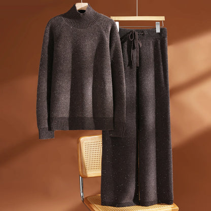 Autumn Winter Women's Sequins 100% Wool Knitted Turtleneck Pullover Sweater Wide Leg Pants Set Thick Casual Cashmere Knit Set