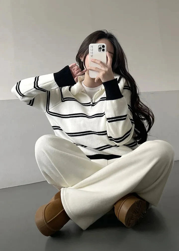 Korean Style Lazy Striped Zipper Color Block Long Sleeve Women's Soft Sweater Autumn Winter New Design Knitted Shirt