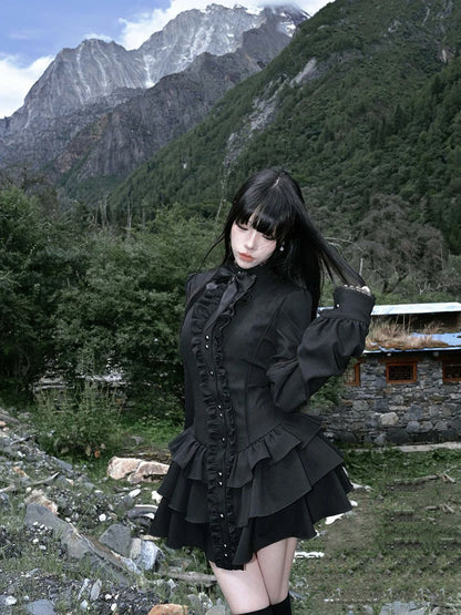 Y2K Lolita Dress - Gothic Mini Patchwork Lace Vintage Black Ruffle Slim Fit