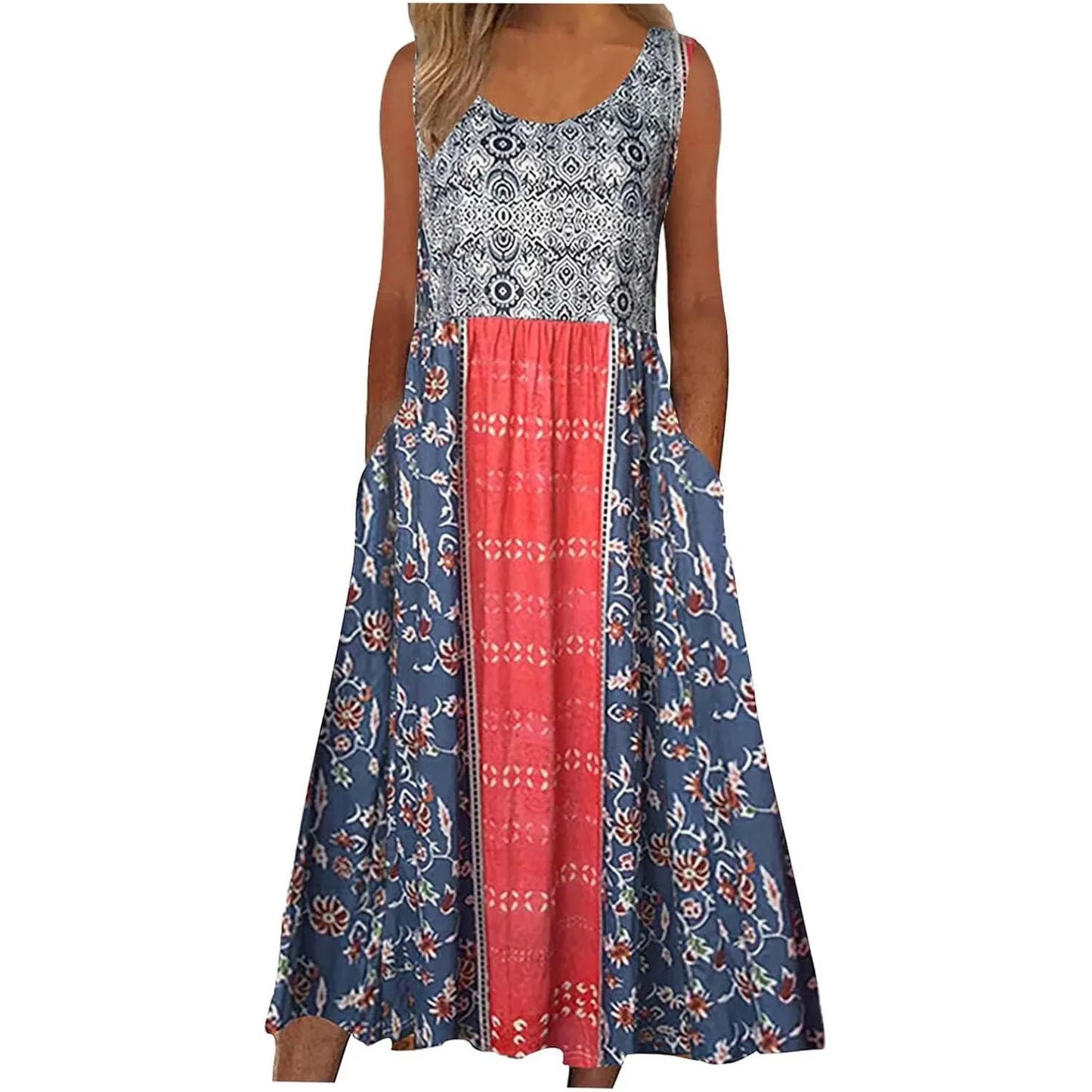 Sleeveless Pullover Dress - Women's Casual Knee-Length Print Pattern Dress in Polyester