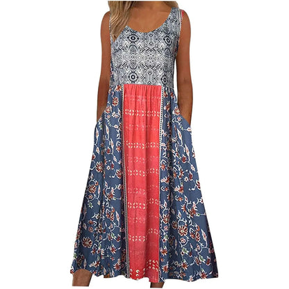 Sleeveless Pullover Dress - Women's Casual Knee-Length Print Pattern Dress in Polyester
