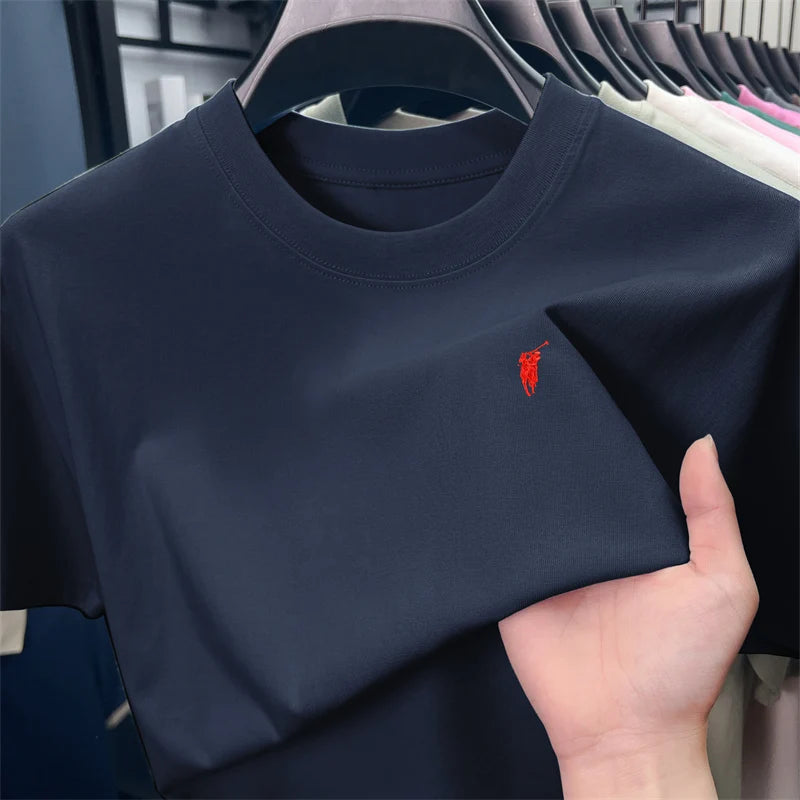 Xiaoma Embroidery Casual Pure Cotton Short Sleeved T-shirt for Young Men, Round Neck Solid Color T-shirt for Men