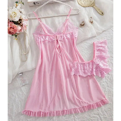 A Set Pink Cute Women Sweet Nightdress And Panty Pijamas Suit Sleeveless Halter Nightgown Short Sets V-Neck Bra Thong Luxury Kit