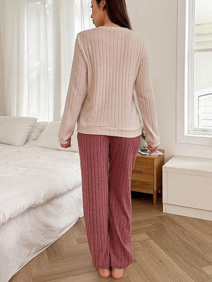 Cozy 100% Polyester Striped Pajama Set for Women, Long Sleeve Love Heart Top & Trousers, Casual Nightwear