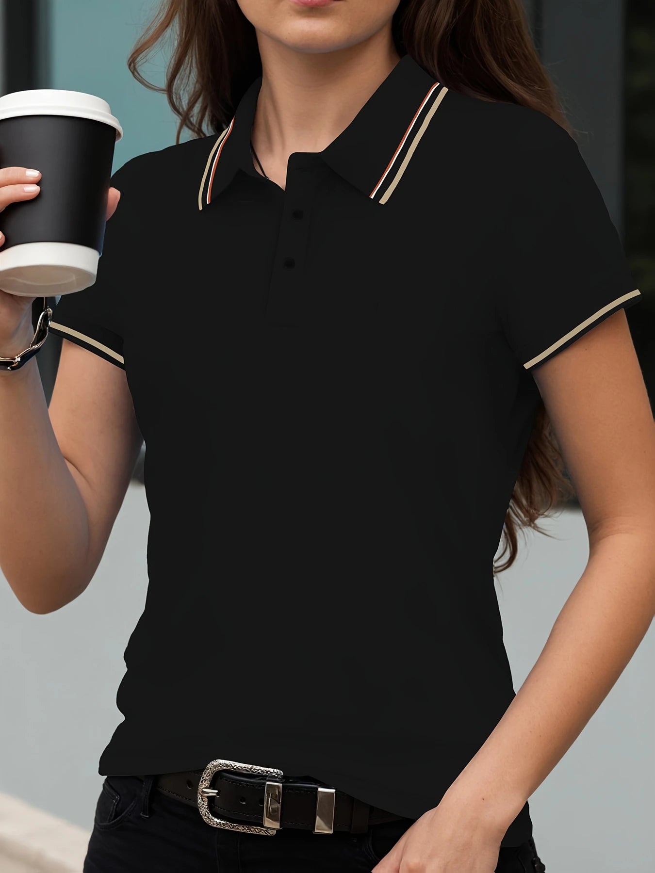 Women Stripe Polo Shirt - Summer Short Sleeve Polos | Soft Knit Top, Loose Fit