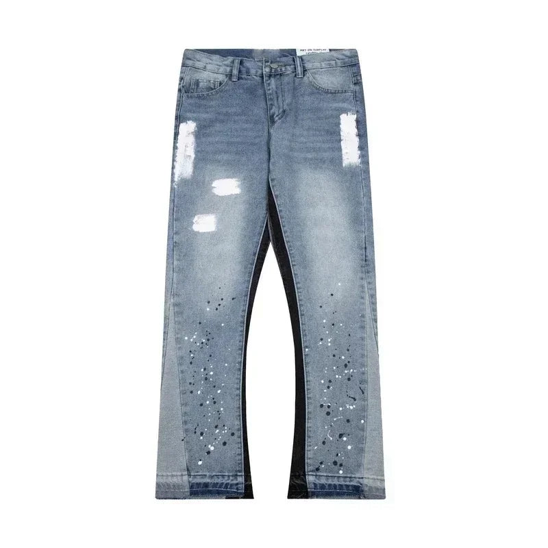 American Streetwear Splashed Ink Patchwork Baggy Jeans Men Women Clothing Tie Dye Trendy Pants Straight Slim Micro-flard Pants