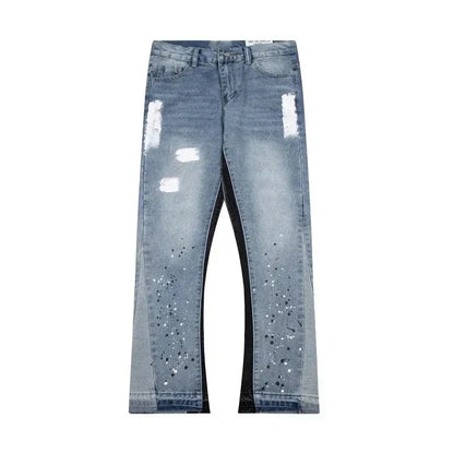 American Streetwear Splashed Ink Patchwork Baggy Jeans Men Women Clothing Tie Dye Trendy Pants Straight Slim Micro-flard Pants
