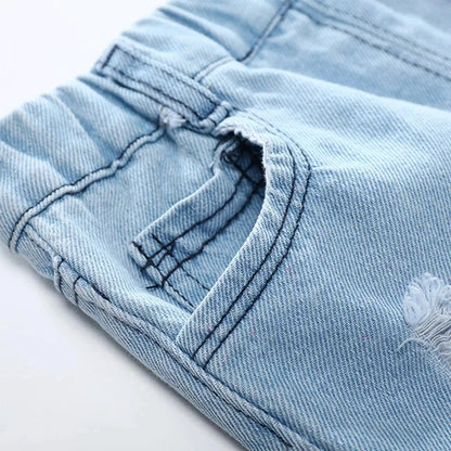 Kids Denim Boy Shorts - Casual Torn Jeans Knee Length Elastic Waist Fashion Trousers 2-8Y