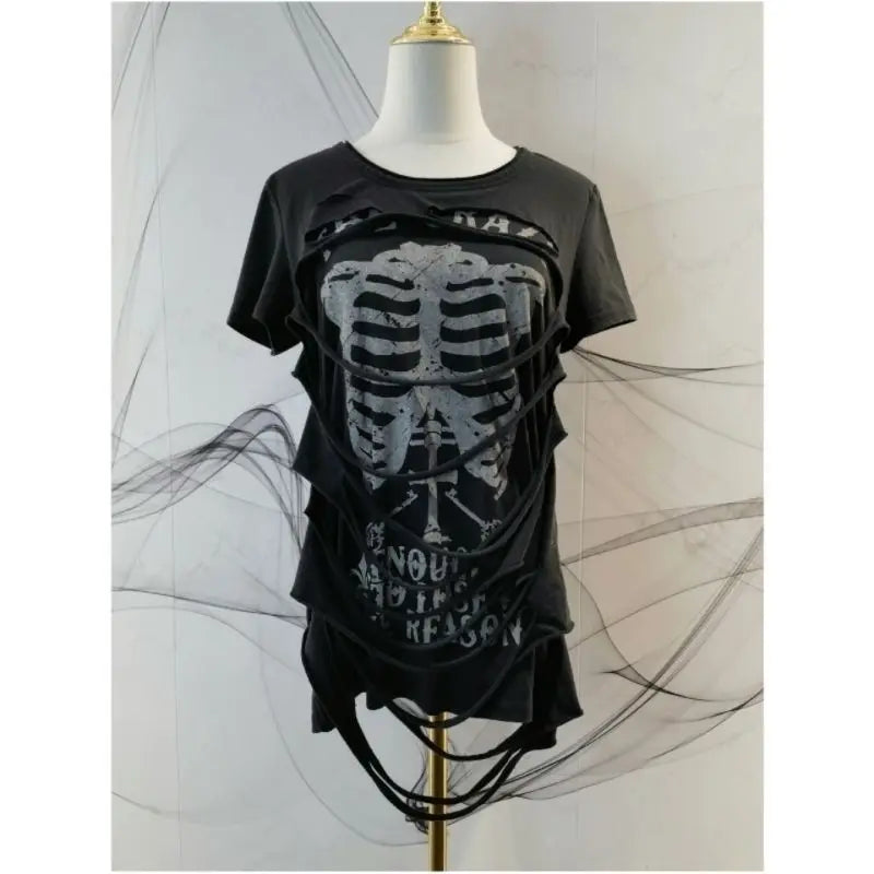 American Vintage Skeleton Aesthetic Short Sleeved Tees Women Y2k Harajuku Rock Hottie T-shirt Gorhic Retro Sexy Slim Chic Tops