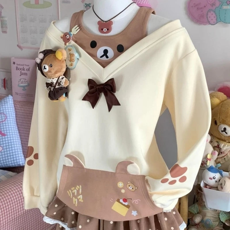 Japanese Cartoon Printing T-Shirts Y2k Aesthetic Bear Pattern Bow Kawaii Cute Tees Preppy Style Grunge Off Shoulder Casual Tops