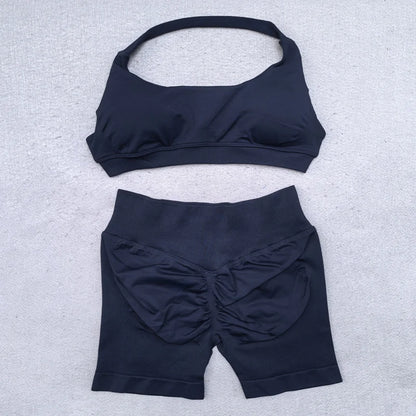 Shorts Set 2 Pieces Seamless Yoga Set Workout Tracksuit Women Halter Sport Bra And Low Waist Scrunch Bum Gym Shorts Suits