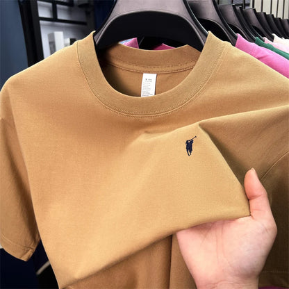 Xiaoma Embroidery Casual Pure Cotton Short Sleeved T-shirt for Young Men, Round Neck Solid Color T-shirt for Men