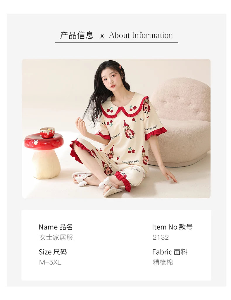 Summer Capris Pajamas for Women Plus Size 5XL Woman Causal Pajama Sets Cartoon Lapel Pijamas Cute Girl Soft Cotton Sleepwear