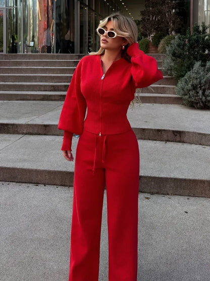 Bornladies 2026 Spring  New Knitted Wo-piece Set Zipper Top High-waisted Elastic Waist Straight Pants Set Mininalist Casual Suit