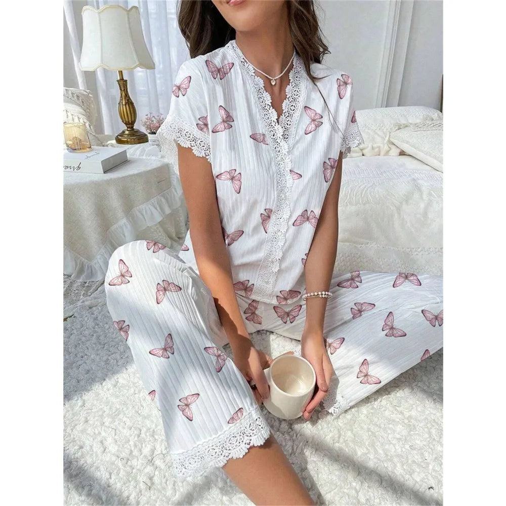 New Fashion Women's Pajamas Autumn and Winter Collar Lace Printed Shirt Trousers Homewear Homewear Homewear Lingerie