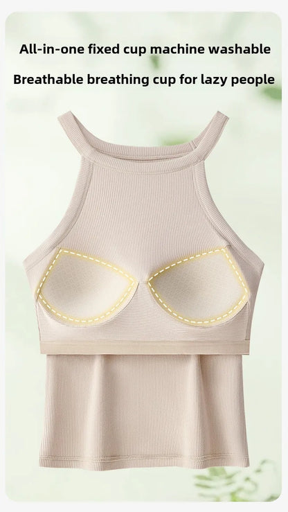 Threaded Halter Neck Camisole Top With Build-in Bra High Elastic Slim-fitting Sling Fixed Cup Breathable Women Underwear