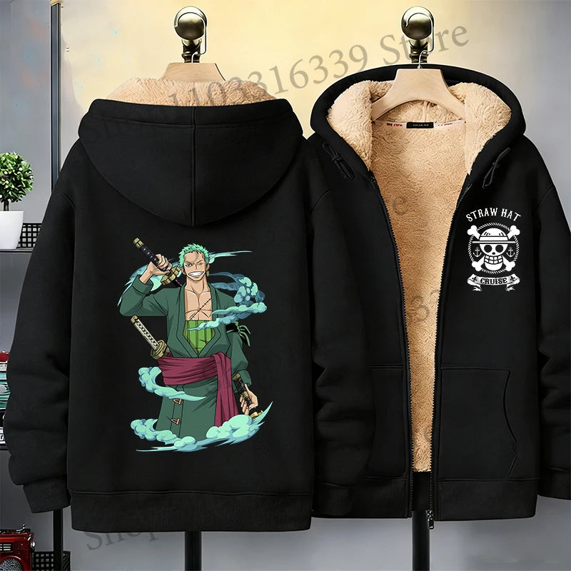 One Piece Man Thick Hooded Jacket Woman Winter Keep Warm Coat Anime Luffy Print Fleece Jacket Thermal Long Sleeve Hooded Clothes
