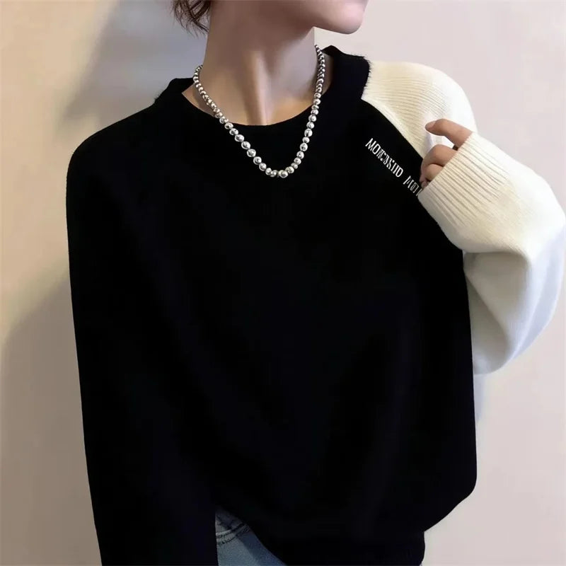 Korean Lady Round NNeck Casual Sweater Spring Autumn Women Fashion Long Sleeved Pullover Knit Female Contrasting Striped Knitted