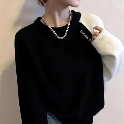 Korean Lady Round NNeck Casual Sweater Spring Autumn Women Fashion Long Sleeved Pullover Knit Female Contrasting Striped Knitted