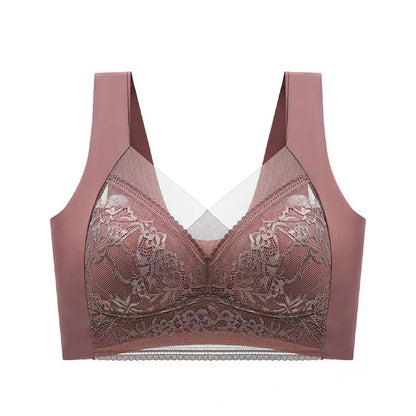 Plus Size Bra - Women's Lace Padded Comfort Bra With Ice Silk Fabric, Wire Free Support