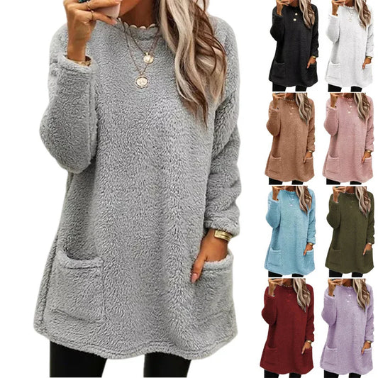 2025 Autumn Winter Women Warm Coat Streetwear Fleece Pocket Thinken Sweatershirt Autumn Female Casual Loose Outfits Casual Tops