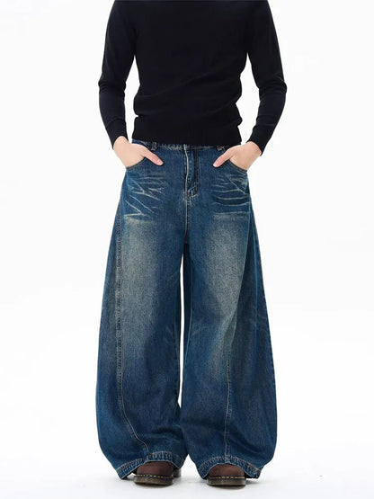Vintage Black Washed Baggy Jeans Pants Men Wide leg Curved Blade Pants Streetwear Cowboy Casual Denim Straight Trousers
