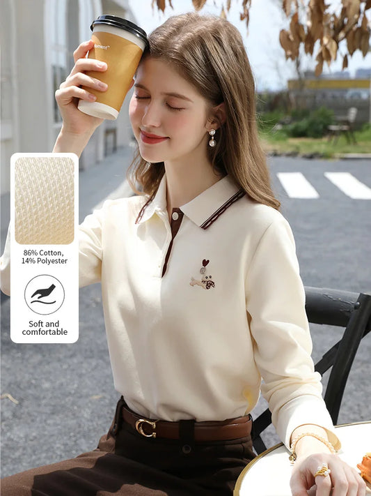 Polo Neck T-shirt - Long Sleeve Apricot Top With Embroidery Detail | Casual Women Shirt
