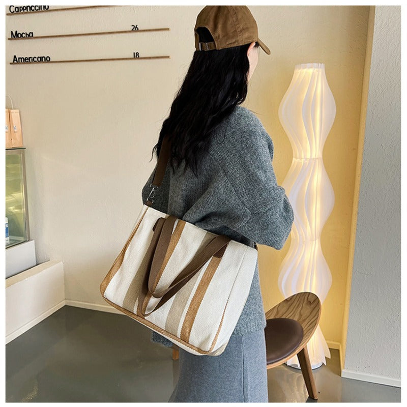 Striped Canvas Tote - Women's Crossbody Shoulder Bag With Zipper Closure, Versatile Daily Use