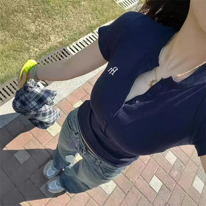 Summer Korean Women V-neck Short-sleeve T-shirt Slim Elastic Skinny Crop Tops 2025 Spring New Short Sleeve TShirt Casual Tees