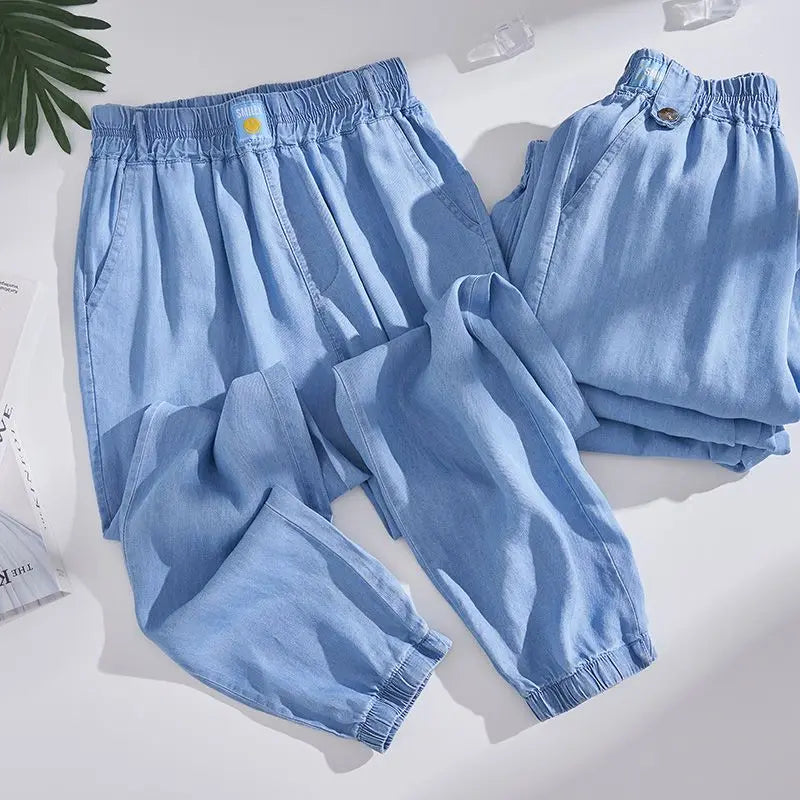 Plus Size Ice Silk Denim Pants Yoga Sports Thin Loose Style Women's Summer Casual Wide Leg Pants Harajuku Style Loose Waist