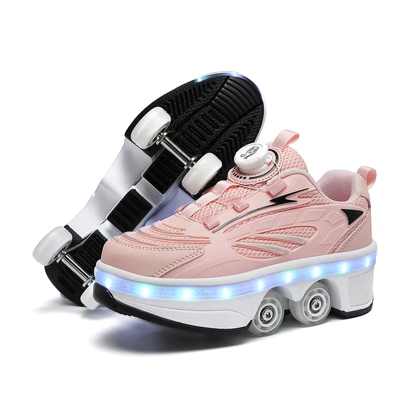 Girls Roller Skate Shoes - Pink Lighted Skates With Hook And Loop Closure