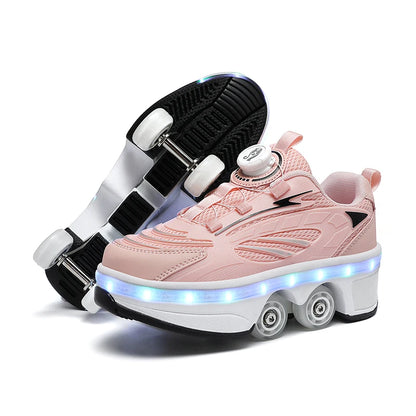 Girls Roller Skate Shoes - Pink Lighted Skates With Hook And Loop Closure