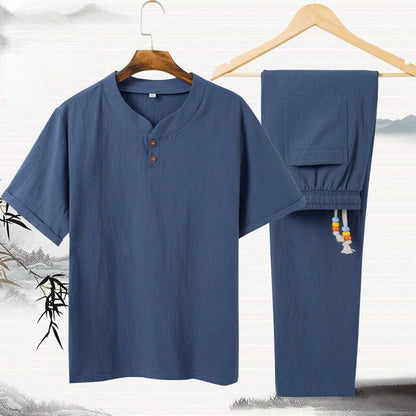 Linen Cotton T-shirt Men's Set Chinese Style Short Sleeve Sportswear +trousers 2 Piece Sets Summer Men Tracksuit Solid Suit