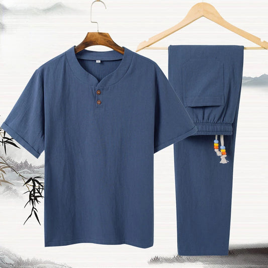 Linen Cotton T-shirt Men's Set Chinese Style Short Sleeve Sportswear +trousers 2 Piece Sets Summer Men Tracksuit Solid Suit