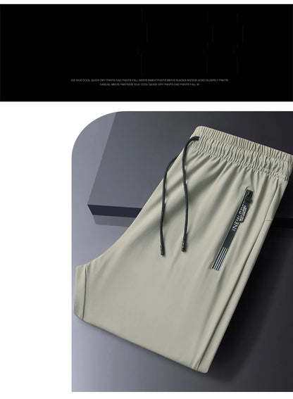 Men's Athletic Stretchy Ice Silk Quick Dry Pants Zipper Pockets Lightweight Sweatpants Outdoor Hiking Breathable Running Workout