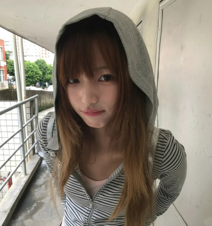 Tonngirls Y2k Japanese Hoodies Women Long Sleeve Striped Sweatshirt Streetwear American Striped Hoodies With Zipper E-girls