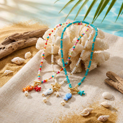 Bohemian Ceramic Fish & Starfish Pendant Necklaces for Women Men Colorful Rice Beaded Chain Necklaces Lightweight Beach Jewelry