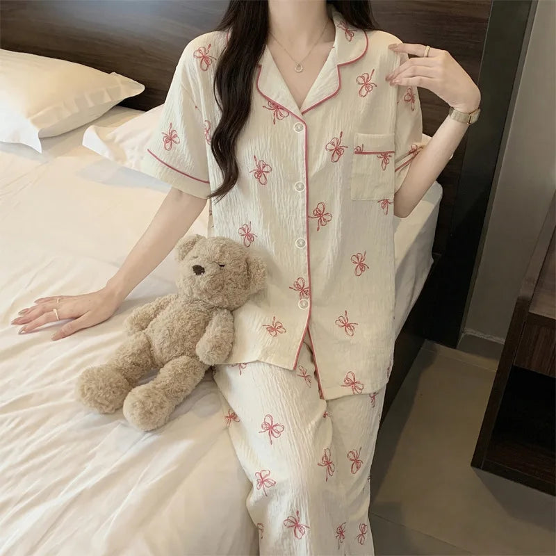 French-Style Sweet Bow Pajamas for Women: Summer Short-Sleeve Long-Pants Set with Cloud-Print, Soft and Cozy Cotton Loungewear