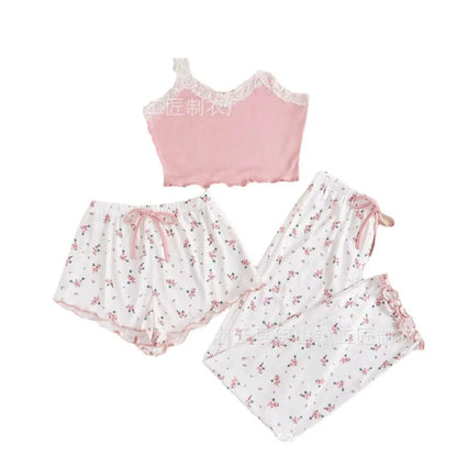 New sexy flower pajamas, women's suits, summer thin trousers, cute home clothing, three-piece suits, outerwear, fashion