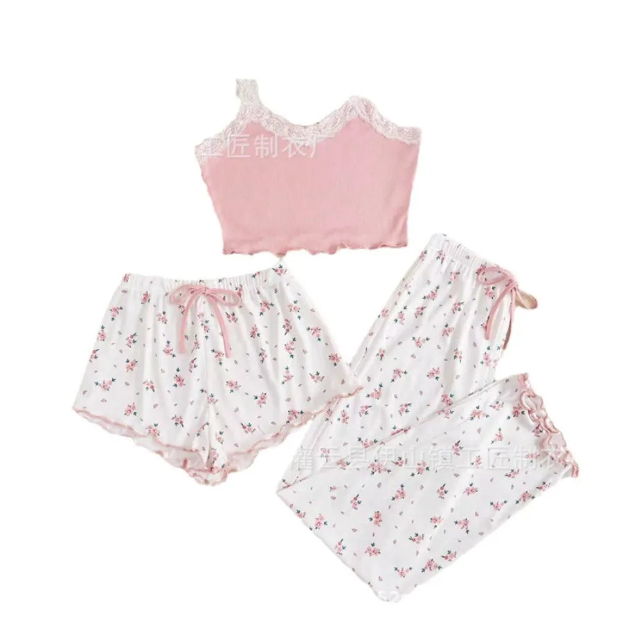New sexy flower pajamas, women's suits, summer thin trousers, cute home clothing, three-piece suits, outerwear, fashion
