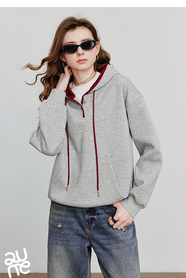TOYOUTH Women Hoodies Sweatshirt 2025 Autumn New Contrasting Color Embroidery Splicing Hooded Pullover Tops