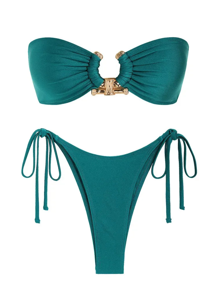 Shiny O Ring Bandeau Bikini - Womens Low Waisted Swimsuit with Padded Bra - ZOOMNSTORE
