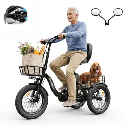 Spacewalk 1200W Peak Electric Trike for Adults, 48V 15Ah Battery 3 Wheel Electric Bike with 60 Miles Range, 18×3.0 Fat Tires, Dual Disc Brakes, Rear Cargo Basket, Adjustable Comfort Seat, Folding E Tricycle for Seniors-Black