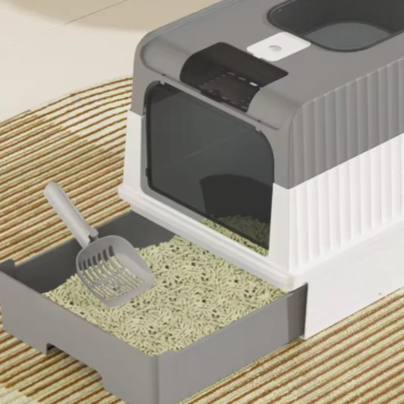 Large Foldable Cat Litter Box with Scoop - Odor Control Easy to Clean Front Entry  Top Exit - ZOOMNSTORE