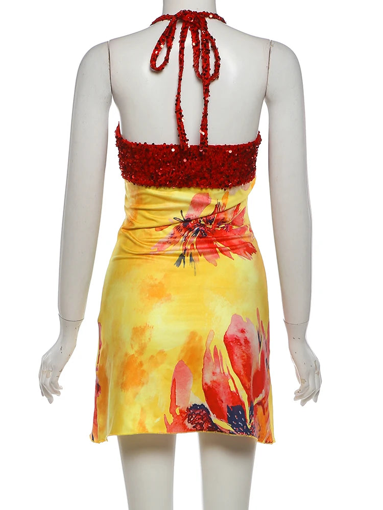 Weird Puss Floral Print Backless Dress Women Trend Halter Sequin Patchwork Bandages Sleeveless Stretch Sexy Vacation Bodycon