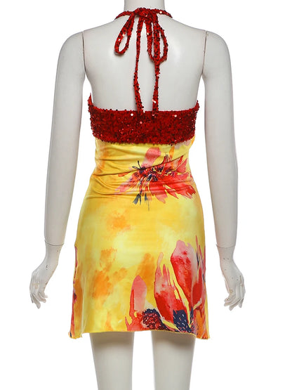Weird Puss Floral Print Backless Dress Women Trend Halter Sequin Patchwork Bandages Sleeveless Stretch Sexy Vacation Bodycon